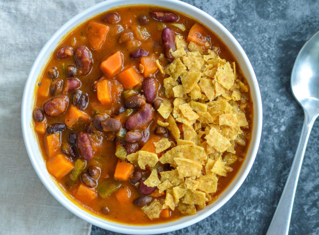 vegan pumpkin chili with spoon