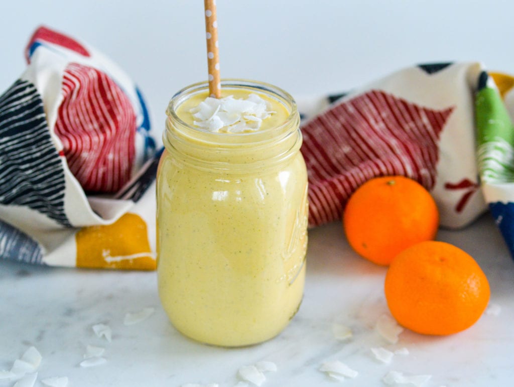 Sunshine Smoothie: Mango, Clementine, Banana, Coconut smoothie with no added sugar and 13 grams of protein
