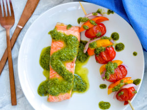 Recipe for maple pesto on salmon and veggie kebabs