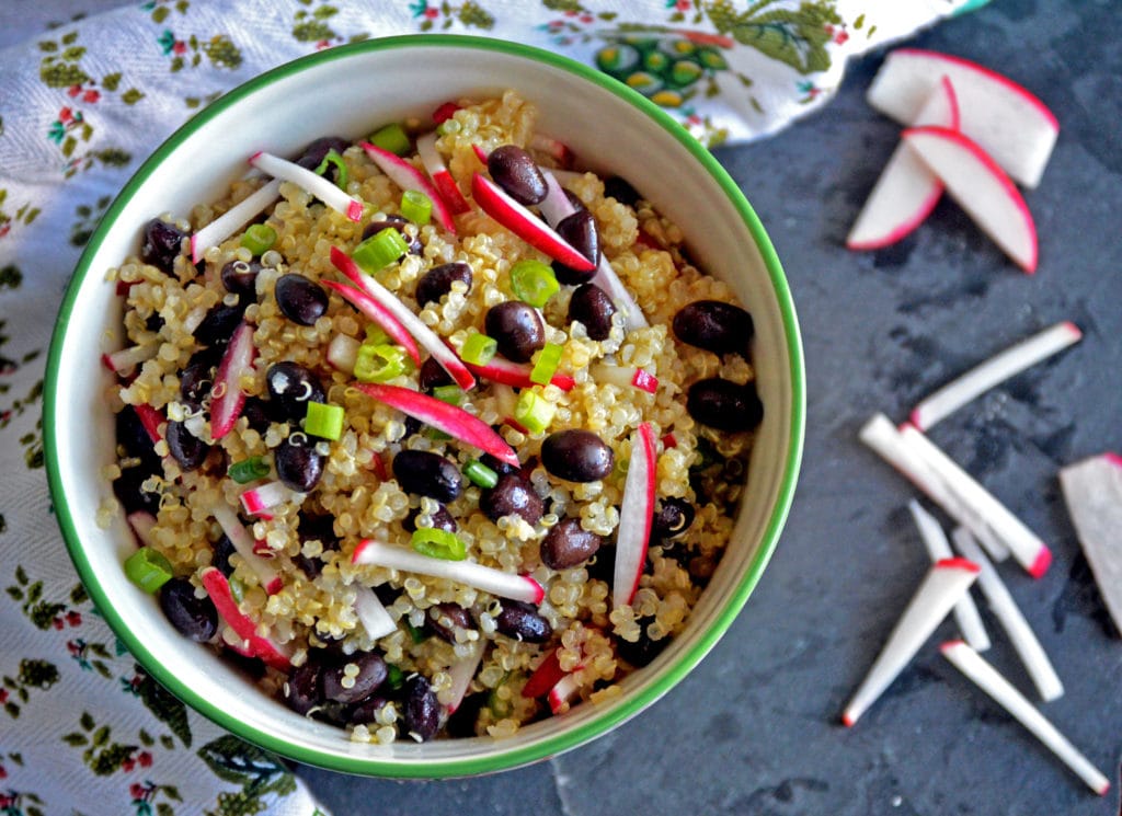 Quinoa Salad with radish, black bean, scallion and honey-lime dressing