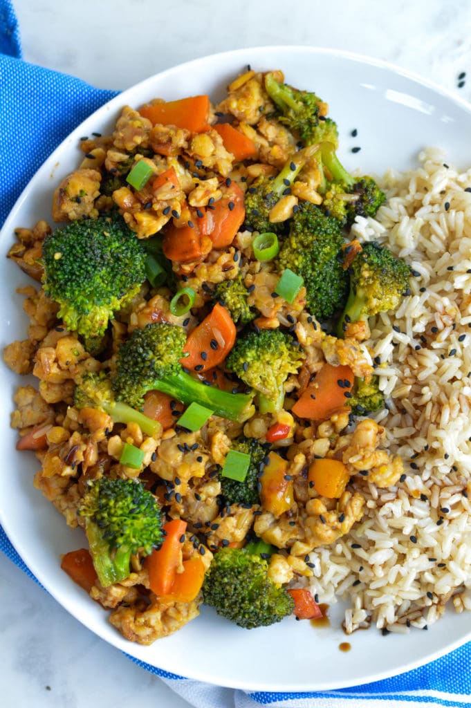 tempeh stir-fry with broccoli and hoisin sauce. Quick 30-minute vegan dinner