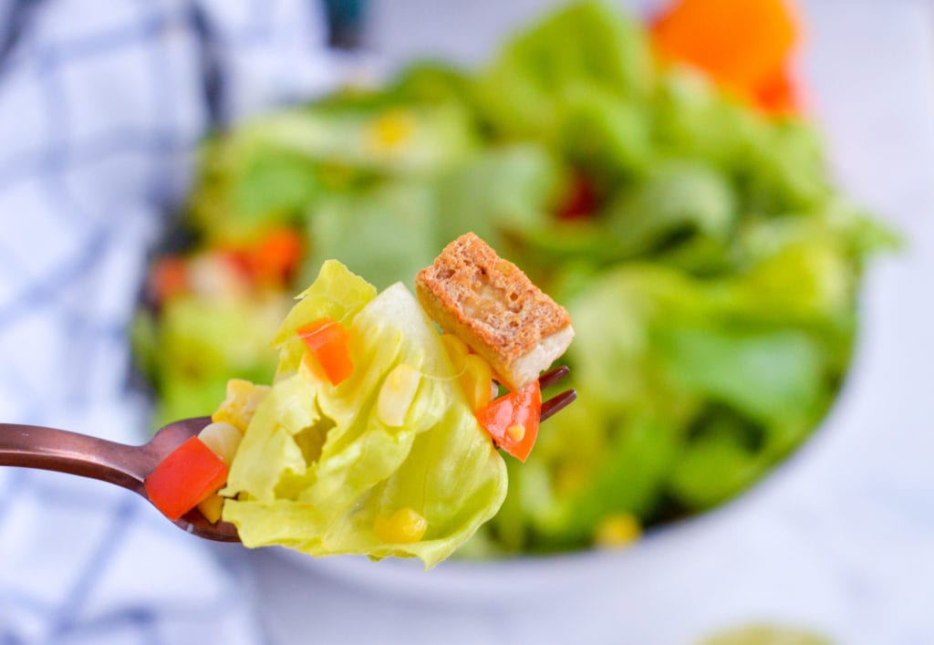 Butter Lettuce Salad with Corn, Bell Peppers, Tofu Croutons and Lime Vinaigrette
