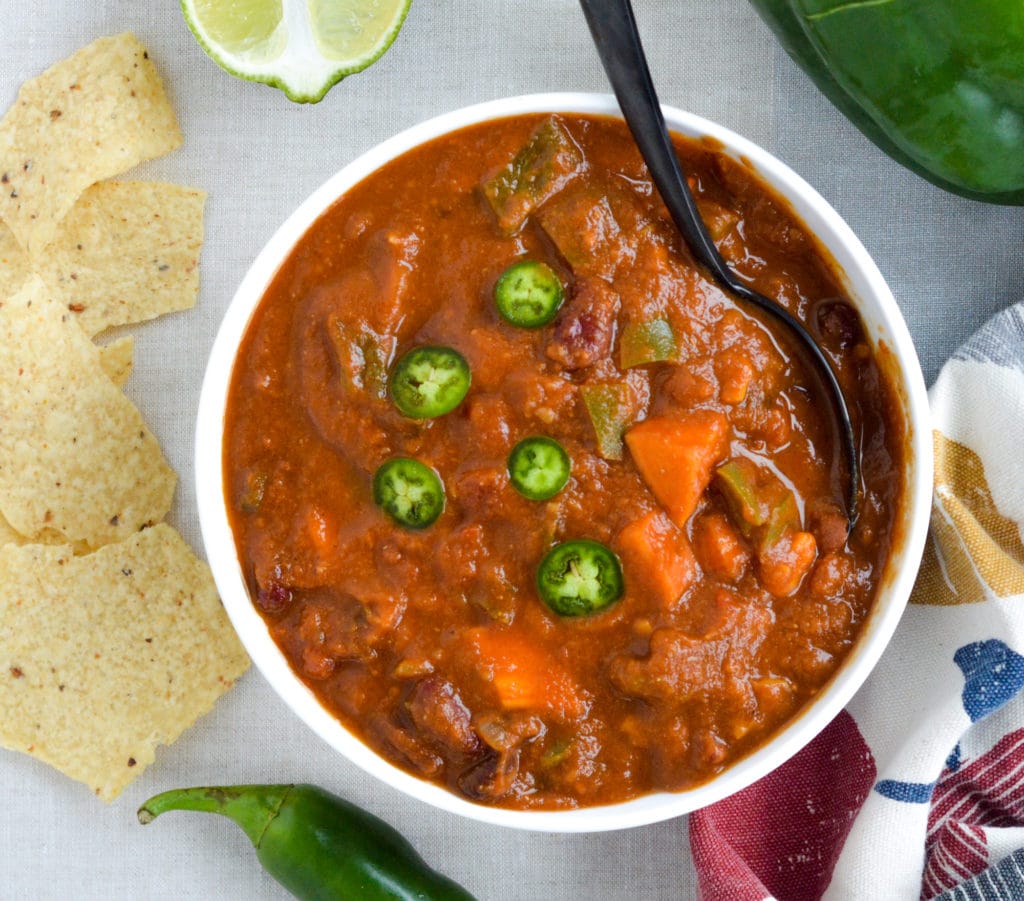 vegan pumpkin chili in a white bowl