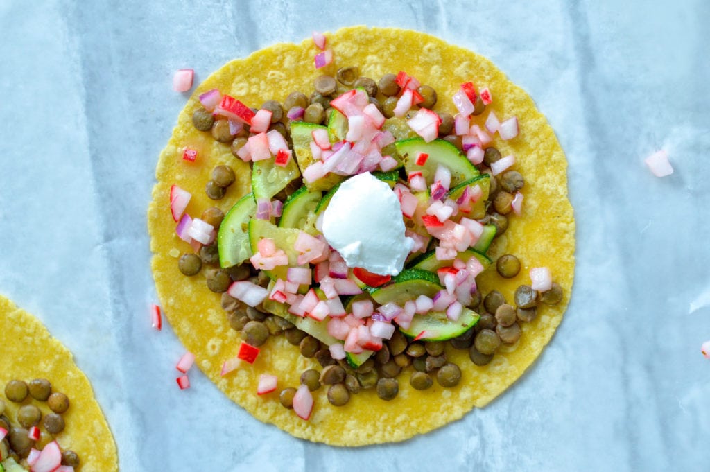 zucchini and lentil tacos with radish salsa