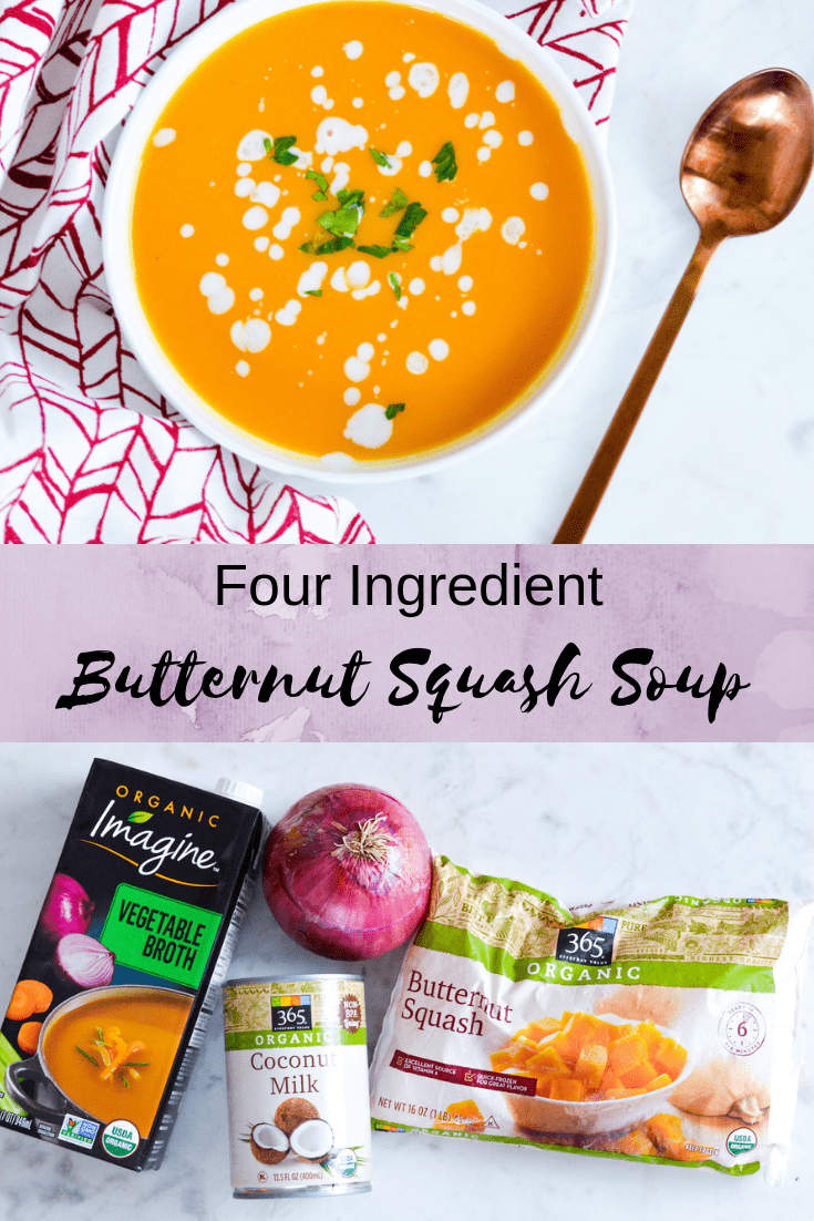 This four ingredient vegan and creamy butternut squash soup comes together in just 20 minutes. It's the perfect dinner side and it pairs nicely with a salad. #soup #veganrecipes #vegansoup #butternutsquash #vegetarian #vegetarianrecipes