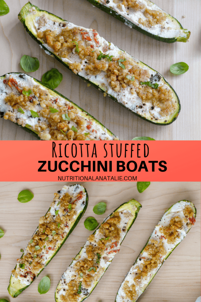 These Ricotta Stuffed Zucchini Boats are a simple vegetarian main dish that is GREAT for meal prepping and is high in protein and low in carbs. They are stuffed with a mixture of ricotta cheese, basil and sun dried tomatoes for a satisfying and tasty main dish. #vegetarianrecipe #vegetariandinners #zucchiniboats 