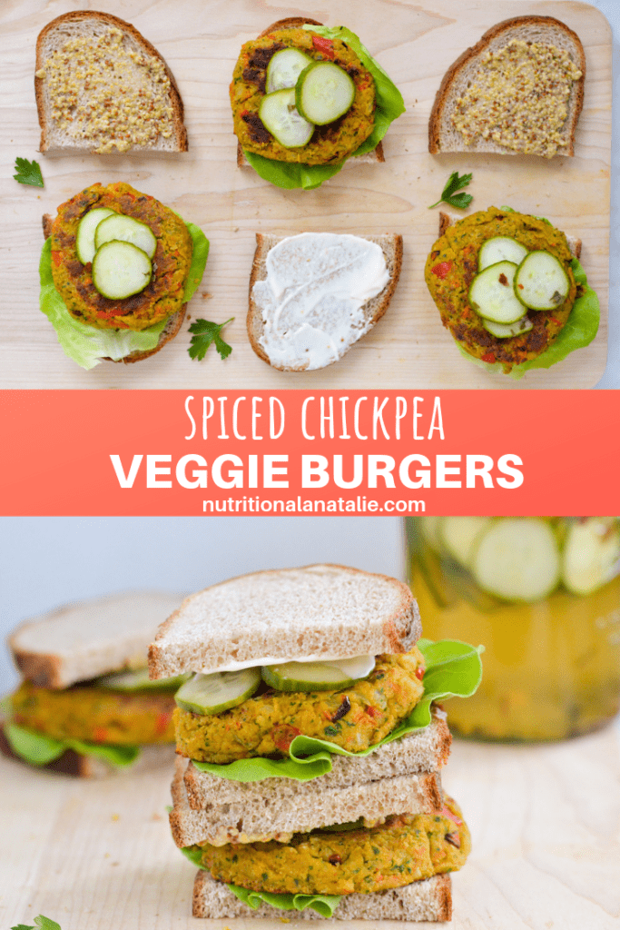 This is one of the BEST veggie burger recipes I've ever tasted. It's made with chickpeas, veggies and some spices to create a patty that is flavorful with a heart texture, and it actually stays together! Go ahead and enjoy it on Meatless Monday or multiple nights per week. #veggieburger #chickpeas #vegetarianrecipe #highprotein