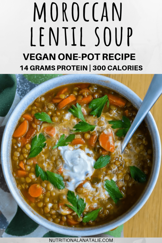 You're going to love this spicy, warm and hearty Moroccan Lentil Soup with Harissa during the cold fall and winter months! It's made in one pot for easy preparation and clean up, and it's packed with big bold flavors. All for 300 calories, with 14 grams of plant-based protein! #lentilsoup #moroccanlentilsoup #harissa #plantbasedprotein #vegansoup #veganrecipe #vegetariansoup #vegetarianrecipe